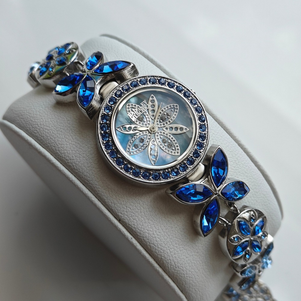 Badgley Mischka Women Silver Tone Blue Crystal Floral Rhinestone Watch Bracelet